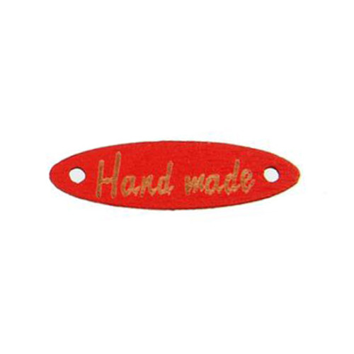 Нашивка деревянная овальная "Hand made" красная